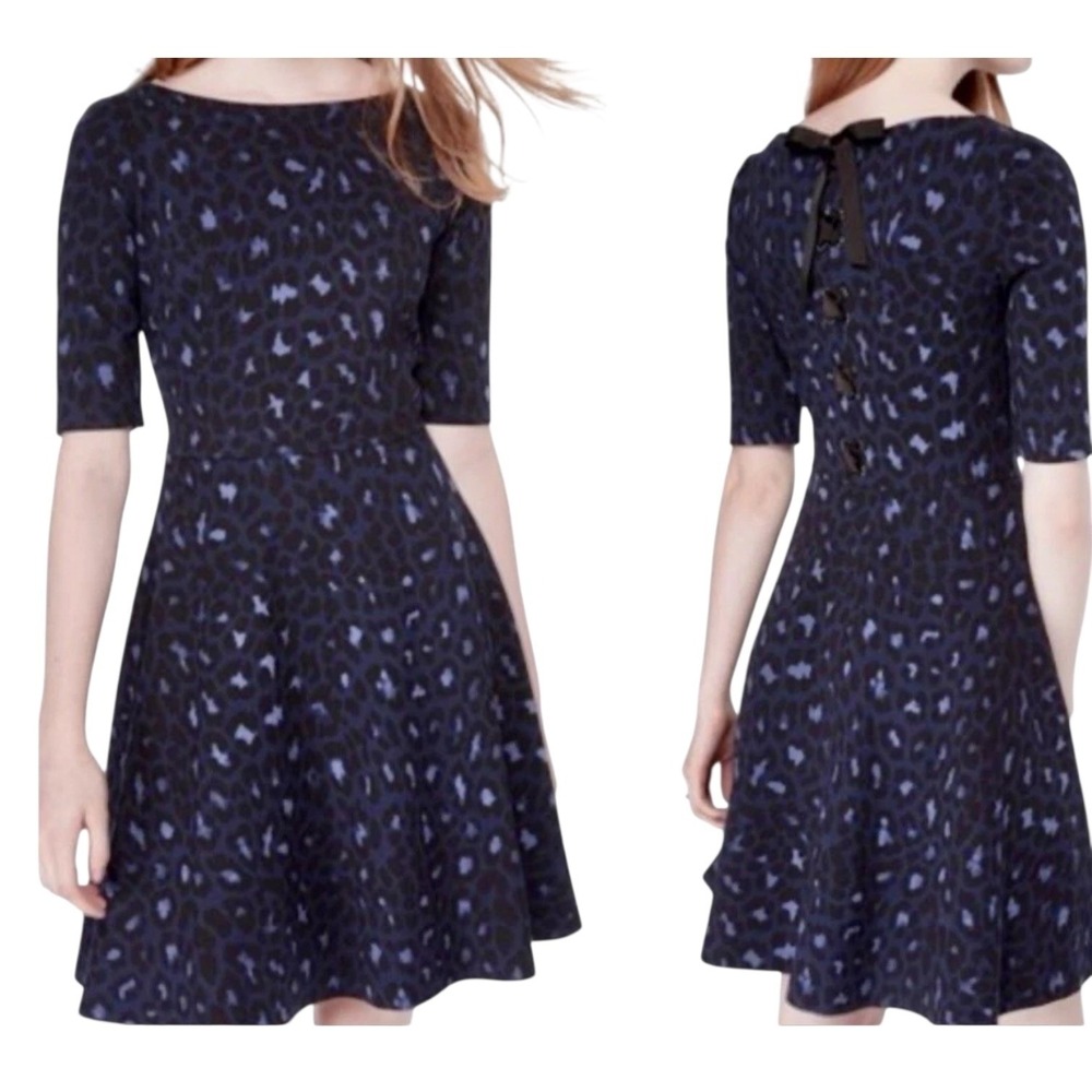 Kate‎ Spade Leopard Mini Dress Women Medium Blue Black Lace Up Back NJMU9322